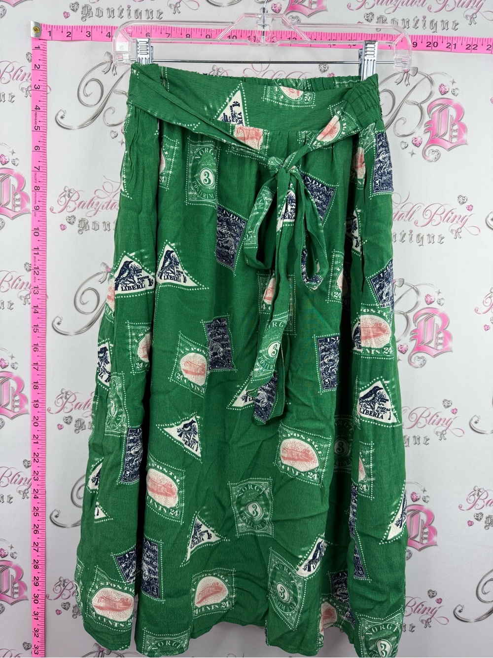 PORRIDGE Anthropologie skirt patches post card style Green Printed Tie-Waist